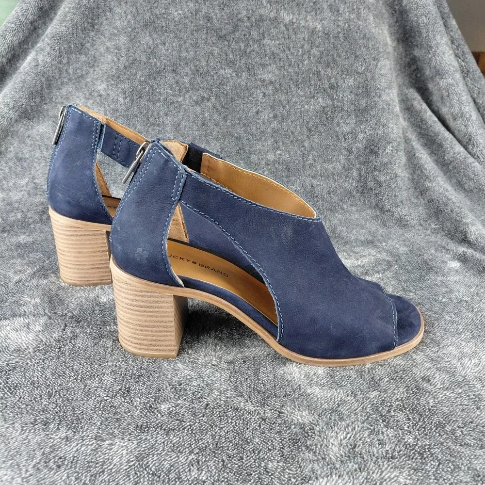 Lucky Brand Saimy Navy Blue Leather Peep‎ Toe Block Heel Sandals Mens 8M 38.5